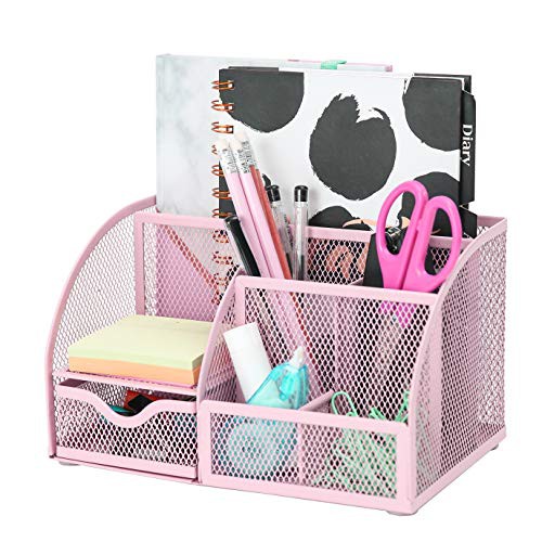 EXERZ Desk Organiser/Mesh Desk Tidy Caddy/Pencil Holder Multifunctional with 7 Compartments- Light Pink