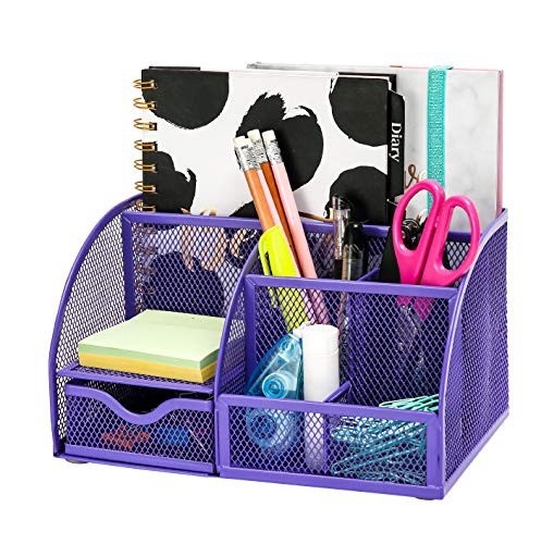EXERZ Desk Organiser/Mesh Desk Tidy Caddy/Pencil Holder Multifunctional with 7 Compartments - Purple