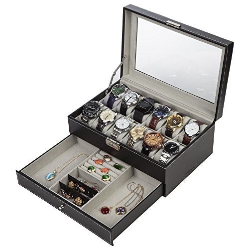 READAEER Watch Storage Box 2 Layers, Jewellery Organiser Drawer Case, Glass Topped, with Velvet Lining, Cushions and Lock, for Watches Jewelry and Sunglasses Storage.