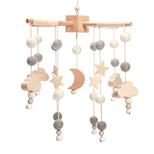 let's make Mobile Baby Wood + Wool Balls, Wind Chimes, Nursery Hammock Bells, Newborn Gifts for Baby Girls or Boys 