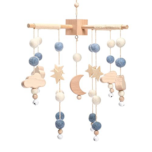 let's make Mobile Baby Wood + Wool Balls, Wind Chimes, Nursery Hammock Bells, Newborn Gifts for Baby Girls or Boys 