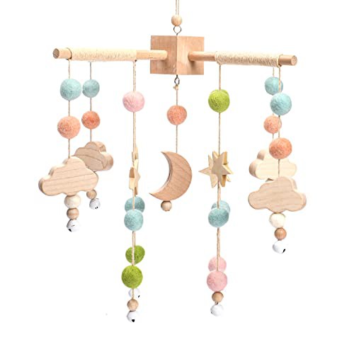 let's make Mobile Baby Wood + Wool Balls, Wind Chimes, Nursery Hammock Bells, Newborn Gifts for Baby Girls or Boys 