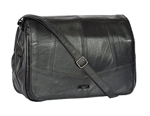 A1 FASHION GOODS Womens Black Soft Leather Bag Flap Over Classic Cross Body Shoulder Bag - PAT