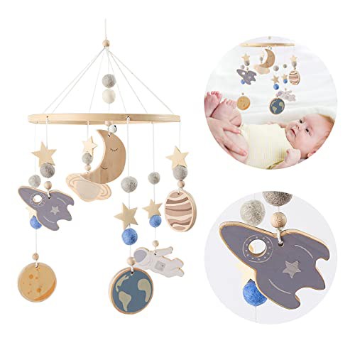 let's make Astronaut Wooden Baby Mobile, Soothing Bedbell for Baby, Nursery and Cot Rattle Decoration, Newborn Gift 