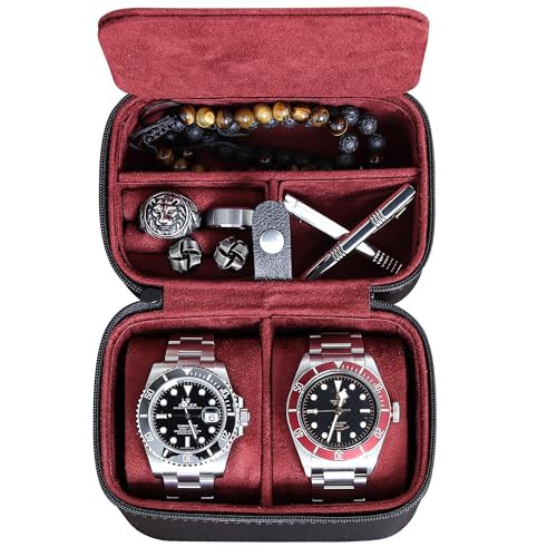 ROTHWELL 2 Watch Travel Case Storage Organizer for 2 Watches | Tough Portable Protection w/Zipper Fits All Wristwatches & Smart Watches Up to 50mm 