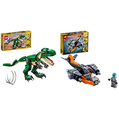 LEGO 31058 Creator Mighty Dinosaurs Toy, 3 in 1 Model, Triceratops and Pterodactyl Dinosaur Figures & 31111 Creator 3 in 1 Cyber Drone Building Set with Cyber Mech and Scooter, Space Toys for Kids 6+