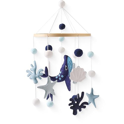 let's make Baby Mobile Wooden with Balls, Blue Whale Bed Bell Wind Chime, Mobile for Boys and Girls, Fresh Home Decoration Gift