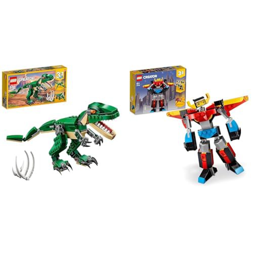 LEGO 31058 Creator Mighty Dinosaurs Toy, 3 in 1 Model, T. rex, Triceratops and Pterodactyl Dinosaur & 31124 Creator 3in1 Super Robot Toy to Dragon Figure to Jet Plane