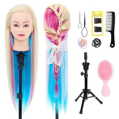 26" 100% Synthetic Fiber Long Hair Hairdressing Training Head Manikin Doll Multicolored with Tripod Adjustable Stand Practice Mannequin