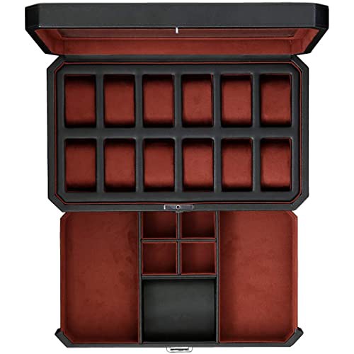 Watch Box with Valet Drawer for Men - 12 Slot Luxury Watch Case Display Organizer, Microsuede Liner, Locking Mens Jewelry Watches Holder, Men's Storage Boxes Holder Large Glass Top 