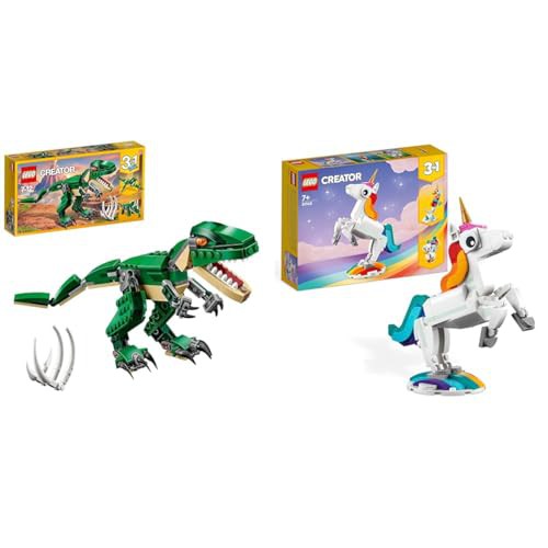 LEGO 31058 Creator Mighty Dinosaurs Toy, 3 in 1 Model, T. rex, Triceratops and Pterodactyl Dinosaur & 31140 Creator 3 in 1 Magical Unicorn Toy to Seahorse to Peacock, Rainbow Animal Figures
