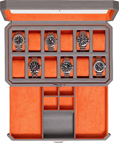ROTHWELL 12 Slot Leather Watch Box with Valet Drawer - 12 Slot Luxury Watch Case Display Organizer, Microsuede Liner, Mens Accessories Holder, Jewelry Case, Jewelry Display Organizer 