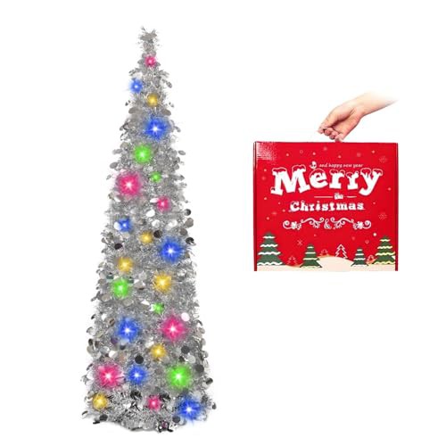 5ft Pop up Christmas Tinsel Tree with Stand，MACTING Easy-Assembly Tinsel Coastal Glittery Christmas Tree for Holiday Xmas Decorations 