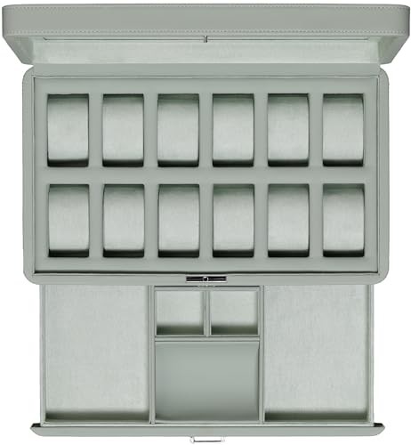 ROTHWELL Luxury Watch Box for 12 Watches – PU Leather Watch Box with Real Glass Lid – Slide out Accessory Drawer with Multiple Compartments 