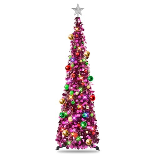 MACTING Tinsel Christmas Tree, 5ft Collapsible Pop up Xmas Tree with Stand, Christmas Tree for Holiday Xmas Decorations, Home Display, Office Decor 