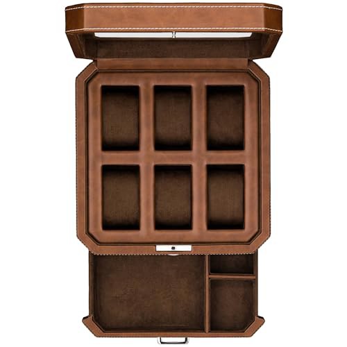 ROTHWELL 6 Slot Leather Watch Box with Valet Drawer - Luxury Watch Case Display Organizer, Men's Storage Boxes Holder Large Glass Top 