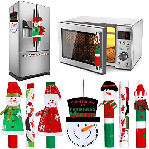 Gejoy 7 Pieces Christmas Refrigerator Handle Covers Set Snowman Refrigerator Door Handle Covers and Snowman Advent Clock Calendar for Christmas Kitchen Appliance Handle Decorations