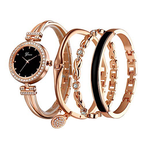 Clastyle Elegant Rose Gold Watch and Bracelet Set for Women - Rhinestone Ladies Watches with 3 Bracelets - Women Jewellery Watches Gift Set