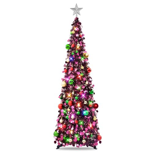 MACTING Christmas Tree, 5ft Collapsible Pop up Christmas Tinsel Tree with Stand Tinsel Coastal for Holiday Xmas Decorations,Home Display, Office Decor