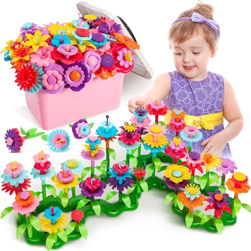 Fivejoy Flower Garden Building Toys for 3 Year Old Girls Boys,134pcs Flower Building Toy - Floral Arrangement Playset With Suitcase, Flower Building Blocks Set