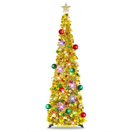 MACTING Christmas Tree, 5ft Collapsible Pop up Christmas Tinsel Tree with Stand Tinsel Coastal for Holiday Xmas Decorations, Home Display, Office Decor 
