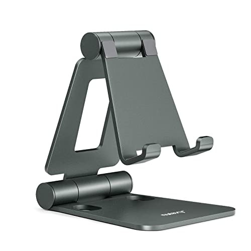 NULAXY Aluminum Phone Stand for Desk, Adjustable Phone Holder, Foldable Metal Stand Mount Cradle Dock Compatible with iPhone 16 15 14 13 12 11 Pro Mini Pro Max Xs XR X 8 7, All Smartphones - Gray