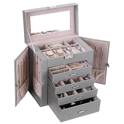ANWBROAD Jewellery Box for Women Large Jewellery Organiser Box for All Your Jewellery Mirrored and Lockable Necklaces Rings Earrings Bracelets Watches Jewellery Case Gift JJB003H