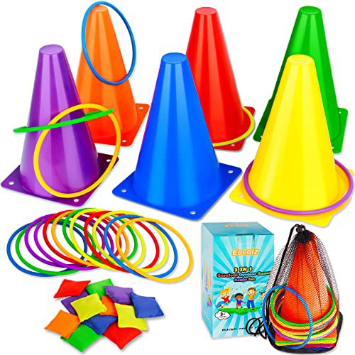 Eocolz 3 in 1 Carnival Games Set, Soft Plastic Cones Bean Bags Ring Toss Games for Kids Birthday Party Outdoor Games Supplies 32 Pcs Combo Set