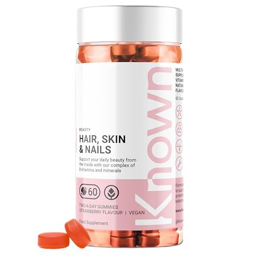 Known Tasty Hair, Skin & Nails Gummies - Multivitamin - Supports Beauty from Within - Natural Strawberry Flavour - 60 Vegan Gummies, 1 Month Supply