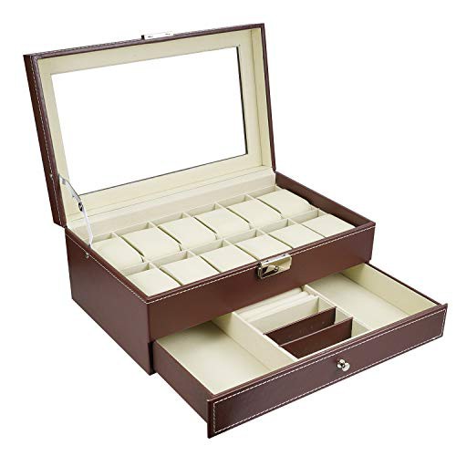 autumndeer Watch Box-12 Slots Mens Watch Organizer Faux Leather Jewelry Display Pillow Case, Jewelry Box Storage, Lockable Watch Case Bracelet Tray with Glass Jewelry Drawer for Storage and Display