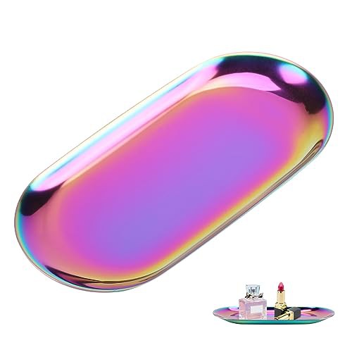 Colored Oval Stainless Steel Storage Tray, Nordic Style Towel Tray Cosmetics Jewelry Organizer Fruit Cake Plate Silver Snack Tea Key Tray Candle Plates, 9.1x3.7inch