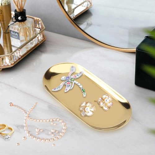 HERCHR Gold Oval Tray, Nordic Style Towel Tray Cosmetics Jewelry Organizer Fruit Cake Plate Stainless Steel Snack Tea Key Tray Candle Plates, 7.1x3.2inch