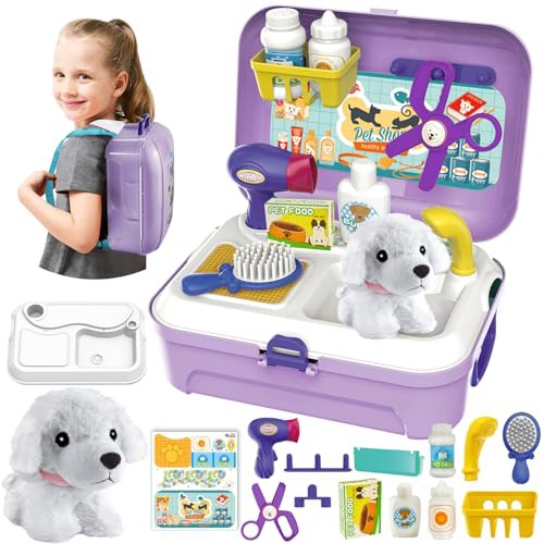 HERSITY Kids Vet Kit Dog Grooming Toy Pet Care Role Play Games Animal Dolls Pretend Play Pet Carrier Set Toys 3 4 5 Year Old Girls Boys Children Gifts