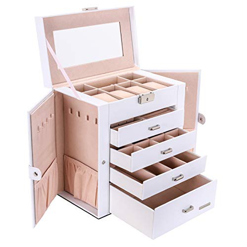 Seelux Large Jewellery Box, 5-Layer Jewelry Storage with Drawers, Mirror and Lock, Watch Box, Gift Case for Necklaces, Rings, Bracelets, Watches, Earrings, Faux Leather, White 