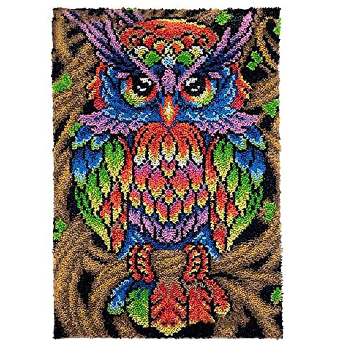 MIAOLLUN Latch Hook Rug Kits for Adults, Colorful Owl with Preprinted Canvas Pattern DIY Carpet Tapestry Rug Cushion Yarn Needlepoint, 22.5X33.5Inch / 58X85cm