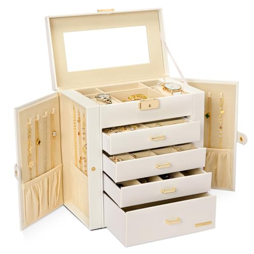 Seelux Large Jewellery Box, 5-Layer Jewelry Storage with Drawers, Mirror and Lock, Watch Box, Gift Case for Necklaces, Rings, Bracelets, Watches, Earrings, Faux Leather, White 