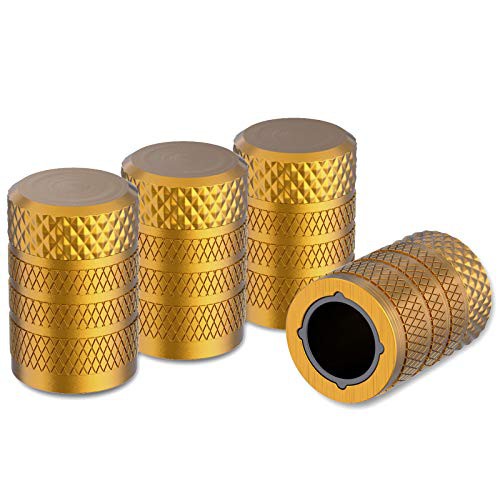 CKAuto Tire Valve Stem Caps, Golden Yellow, 4 pcs/Pack, Anodized Aluminium Tire Valve Cap Set, Corrosion Resistant, Universal Stem Covers for Cars Trucks Motorcycles SUVs and Bikes 