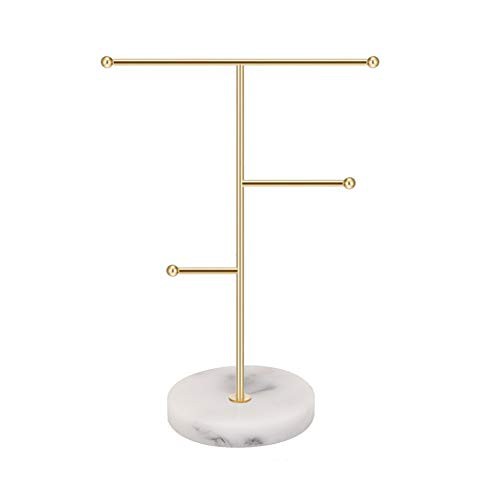 Jewelry Organizer,Metal T-Bar Necklace Display Stand Earrings Holder for Home, Hanging Pendant Rack with Marble Pattern Round Tray for Bracelets Rings Watches 