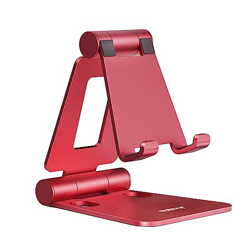 NULAXY Mobile Phone Stand for Desk, Fully Foldable Adjustable Phone Holder Dock Compatible with iPhone 16 15 14 13 12 11 Pro Max Xs Xr X 8, HUAWEI, Galaxy, All Phones - Red