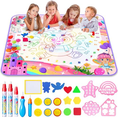 Water Doodle Mat, 105X100cm Mess Free Water Drawing Mat with 5 Water Pens, 6 Animal Stamps, Unicorn Educational Toys Gifts for 3 4 5 6 7 8 Year Old Girls