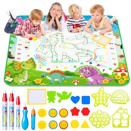 Water Doodle Mat, 105X100CM Mess Free Colouring Water Mat with 5 Water Pens, 6 Animal Stamps, Dinosaur Educational Toys for 3 4 5 6 7 8 Year Old Boys Birthday Gifts