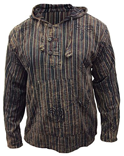 SHOPOHOLIC FASHION Mens Stonewashed Stripe Hooded Grandad Shirts Full Sleeve Hippy Lightweight Hoodie