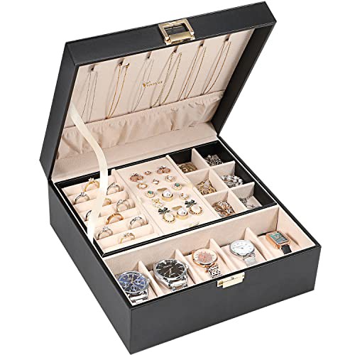 Voova Jewellery Box Organiser for Men Women Girls, Large Watch Storage Case, 2 Layer PU Leather Jewelry Display Holder with Removable Tray for Watches Sunglasses Rings Earrings Necklace, Gifts, Black