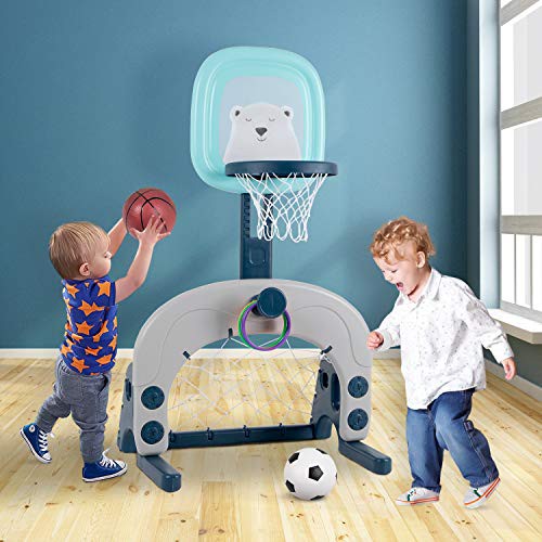 Basketball Hoop Set, 3-in-1 Kids Basketball Stand Sports Activity Center Adjustable Easy Score Basketball Hoop, Football/Soccer Goal/Ring Toss, Best Gift for Toddlers Kids Boys & Girls