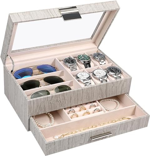 LANDICI Watch Box Organiser Jewellery box for Men Women, 2 Layer 6 Slot PU Leather Watch Storage Case with Glass Top, Large Jewelry Display Holder for Sunglasses Necklace Earring Ring, Wooden Grey