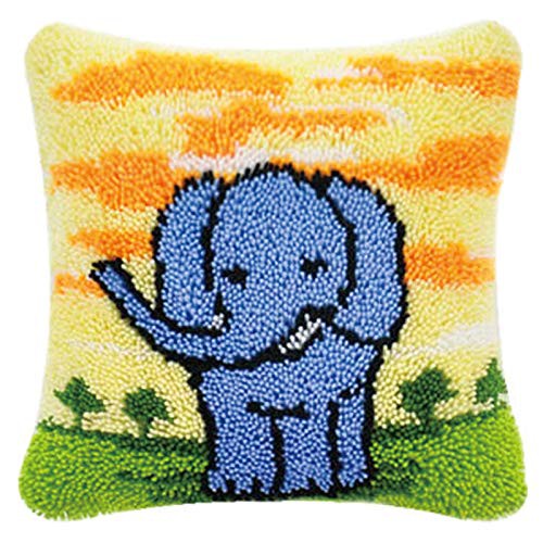MIAOLLUN DIY Latch Hook Kit Rug Throw Pillow Cover Making Crafts for Kids/Adults Elephant Latch Hook Cushion Kits 43X43cm