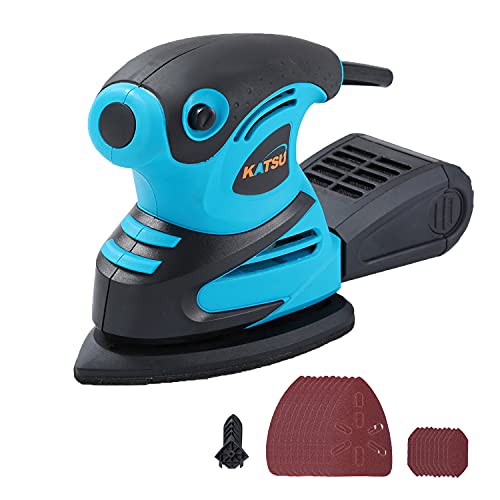 KATSU Tools Detail Sander, 180W Electric Palm Sander for Wood with Dust Collector and 20X Sanding Pads, Multi Sander for Home Decoration Furniture Finishing 100176