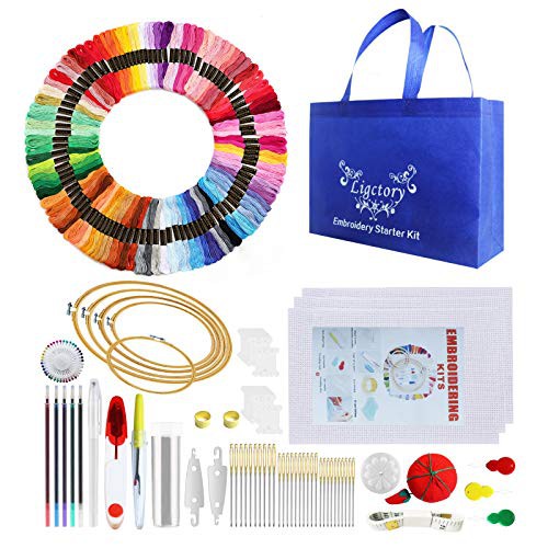 220 PCS Embroidery Kit with Instructions, 5 Bamboo Embroidery Hoops, 100 Colored Embroidery Threads, 3 Aida Cloth; Cross Stitch Tool Kit for Adults, Kids and Beginners; Home Decoration and DIY