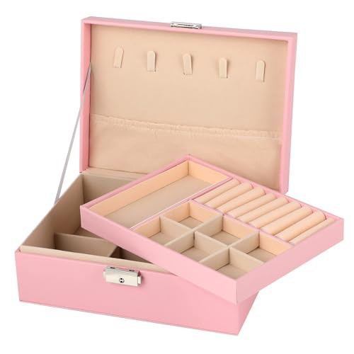 CHARMDI Jewellery Box for Women, 2 Layer Large Jewellery Organiser with Lock Removable Tray, PU Leather Jewellery Box for Necklace Earrings Rings Necklaces Watches Bracelets, Pink