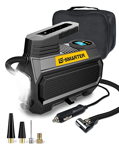 E-SMARTER Car Tyre Inflator Air Compressor, 12V/ 120W/ 150 PSI/ 10.5 Bar, Car Tyre Pump with Handle, 4 Valve Adaptors, LED Light, 2xFaster Car Pumps for Tyres of Car, Bike, Motorcycle, Ball, Mattress